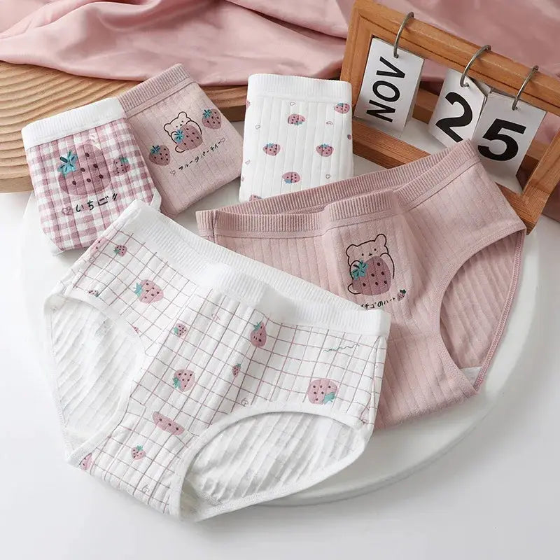 Simples Market 5pc cotton panties set; cartoon strawberry/bear prints, mid-rise briefs, pink and white