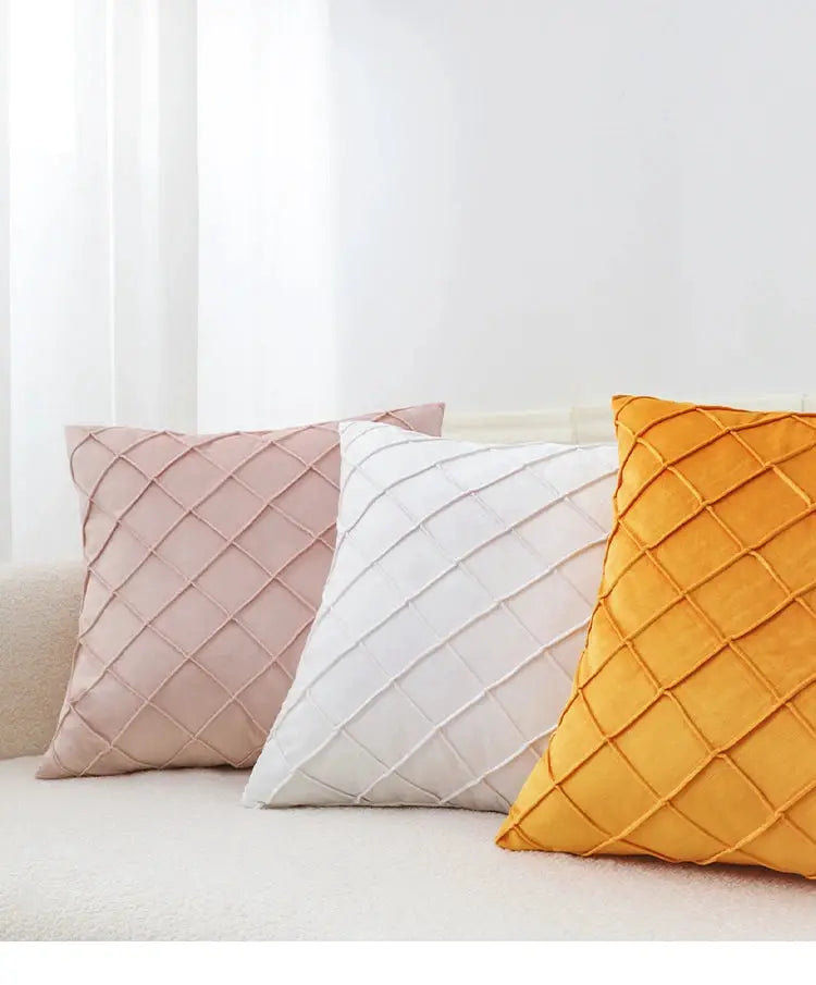 Geometric velvet cushion cover set, 3-pack in pink, white and orange with quilted lattice pattern for living room decor