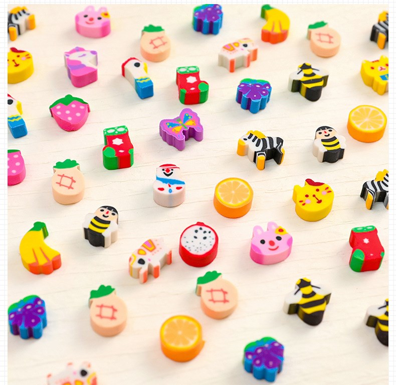 Kawaii pencil eraser set, 50/100 pcs, assorted animal and fruit shapes for kids