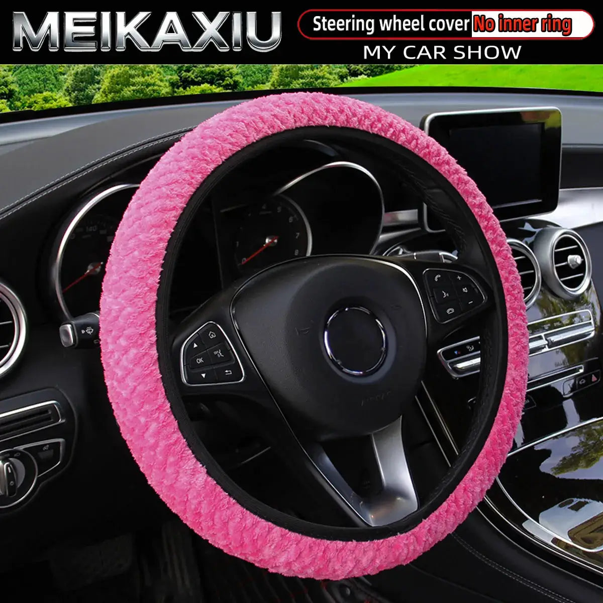 Women's winter plush steering wheel cover, pink fur, elastic, without inner ring, Simples Market