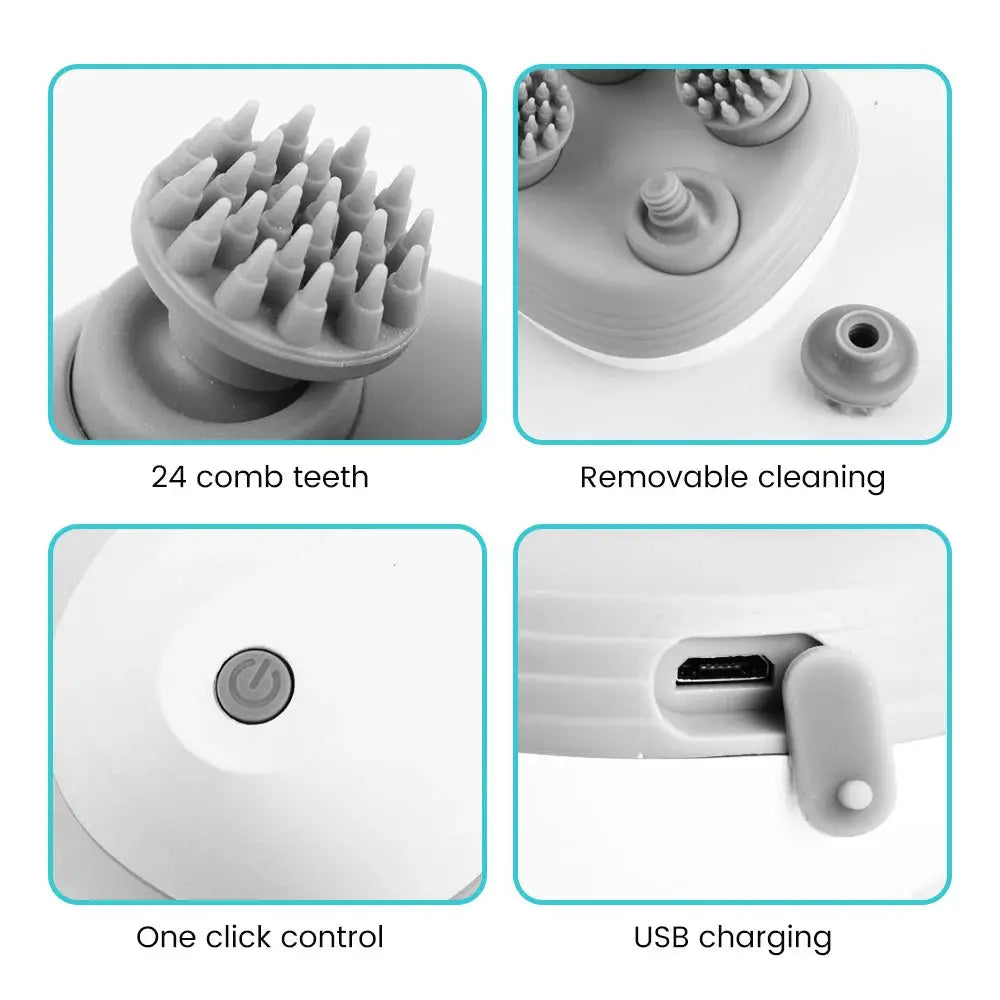 White electric head scalp massager with 4 kneading heads, 24 comb teeth, USB charging, one-button control