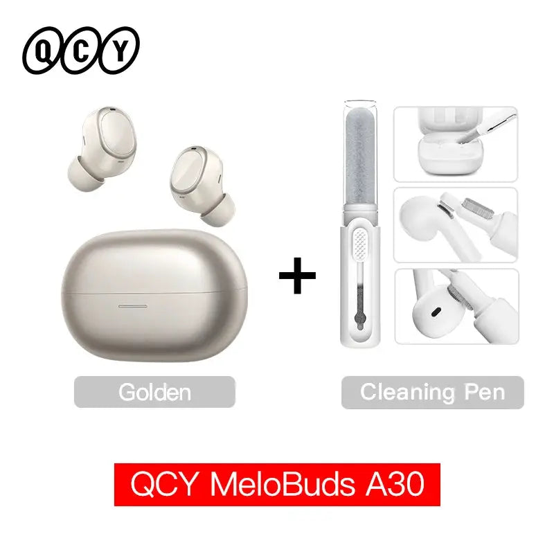 QCY MeloBuds A30 wireless earbuds in golden color with charging case and cleaning pen (2-item set)