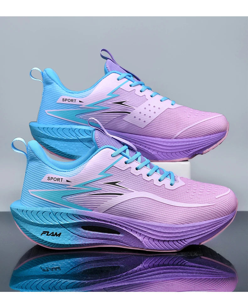 Running shoes pair with breathable gradient pink-to-blue mesh upper and air-cushioned sole