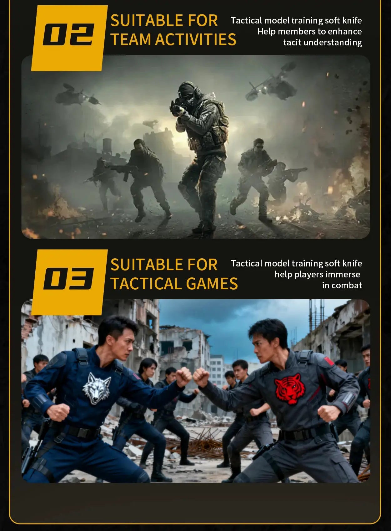 zlang training fixed blade combat knife by Simples Market promotional collage for tactical training and team activities