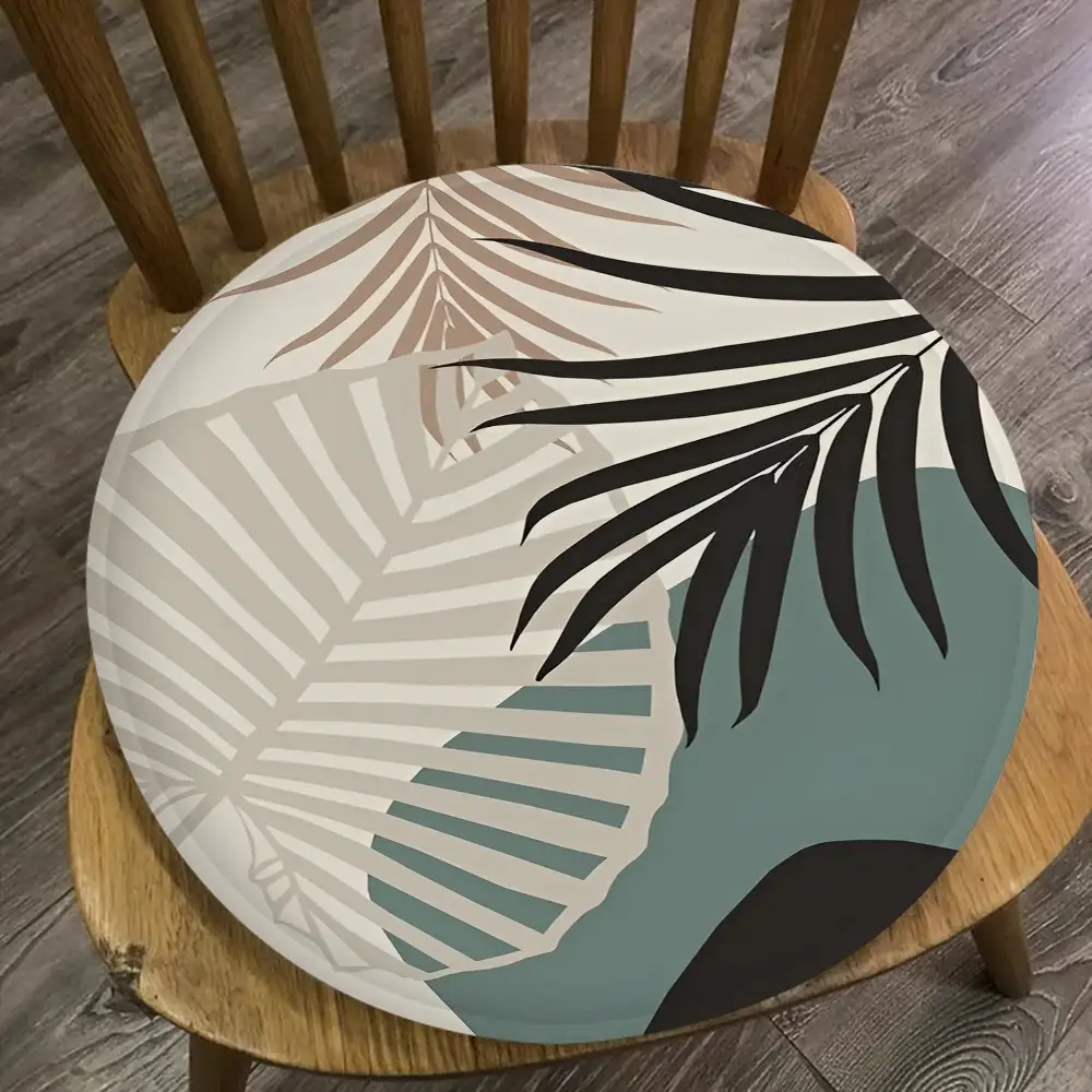 Round chair cushion 45x45cm with palm leaf art in beige, black and teal by Simples Market