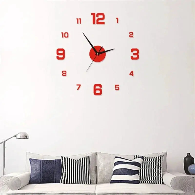 Luminous wall clock with red 3D numerals and black hands on a white living room wall