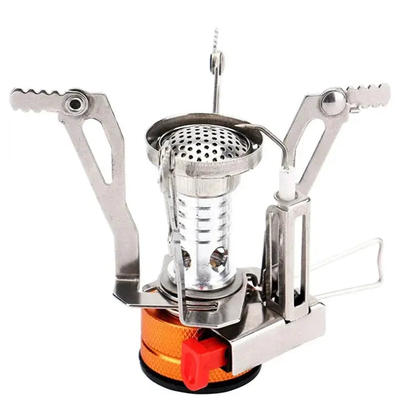 Simples Market portable gas camping stove, aluminum alloy body with orange knob and foldable pot supports