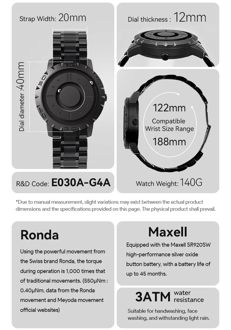 EUTOUR men's watch with black dial and stainless steel bracelet, waterproof quartz, Simples Market brand.