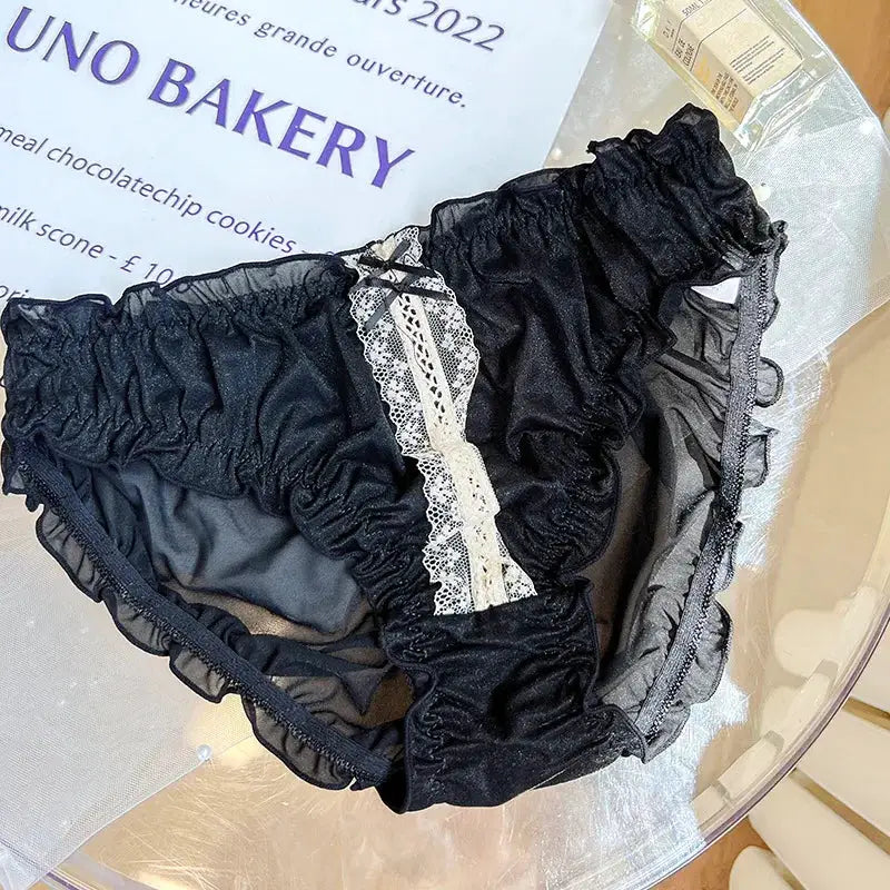 3XL black lace panties with ruffled edges, cream lace stripe and bow detail