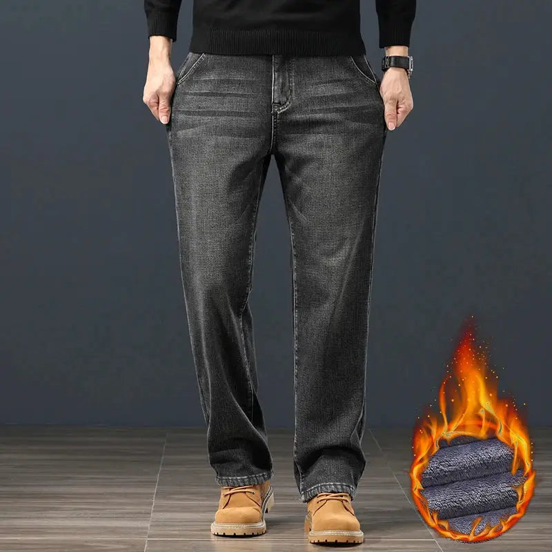 Winter Fleece Men Jeans Loose Straight Fit Warm Denim Pants 42 44