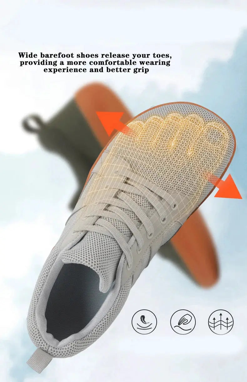 Wide-toed gray barefoot-style shoe with mesh upper and laces for casual jogging and walking