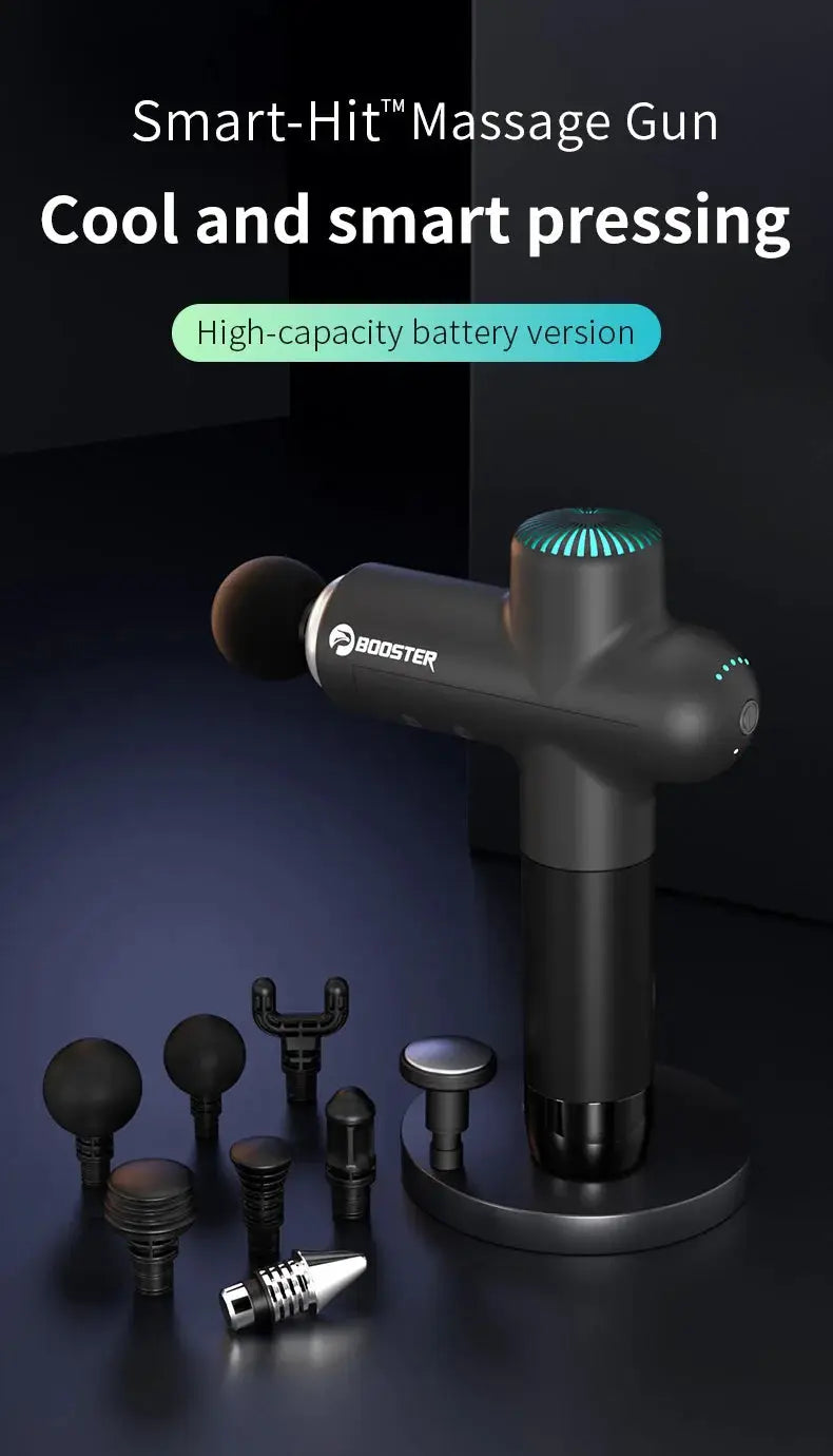Booster massage gun with multiple interchangeable heads, black body with teal accents and high-capacity battery version
