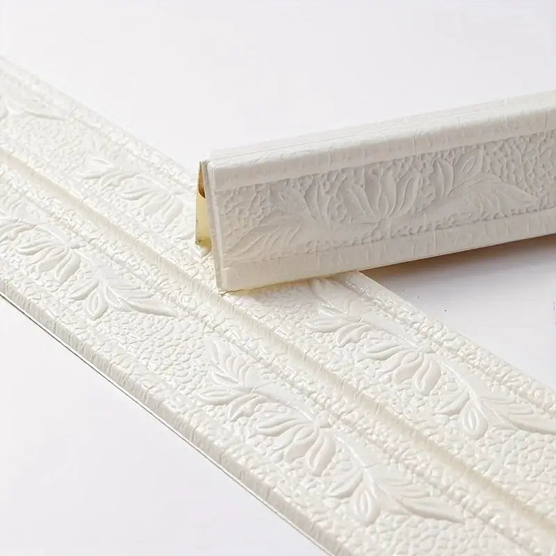 Two white foam wall edge strips with embossed floral pattern, self-adhesive baseboard trim (230cm)