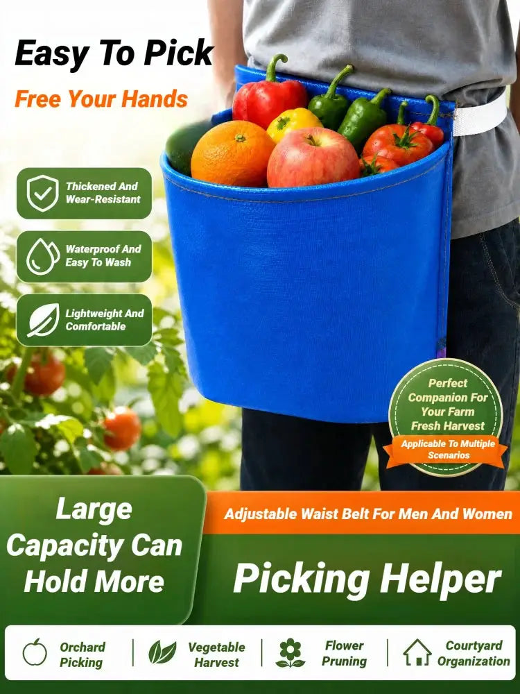 Simples Market blue waterproof fruit and vegetable apron with waist bag, filled with apples, oranges, peppers.