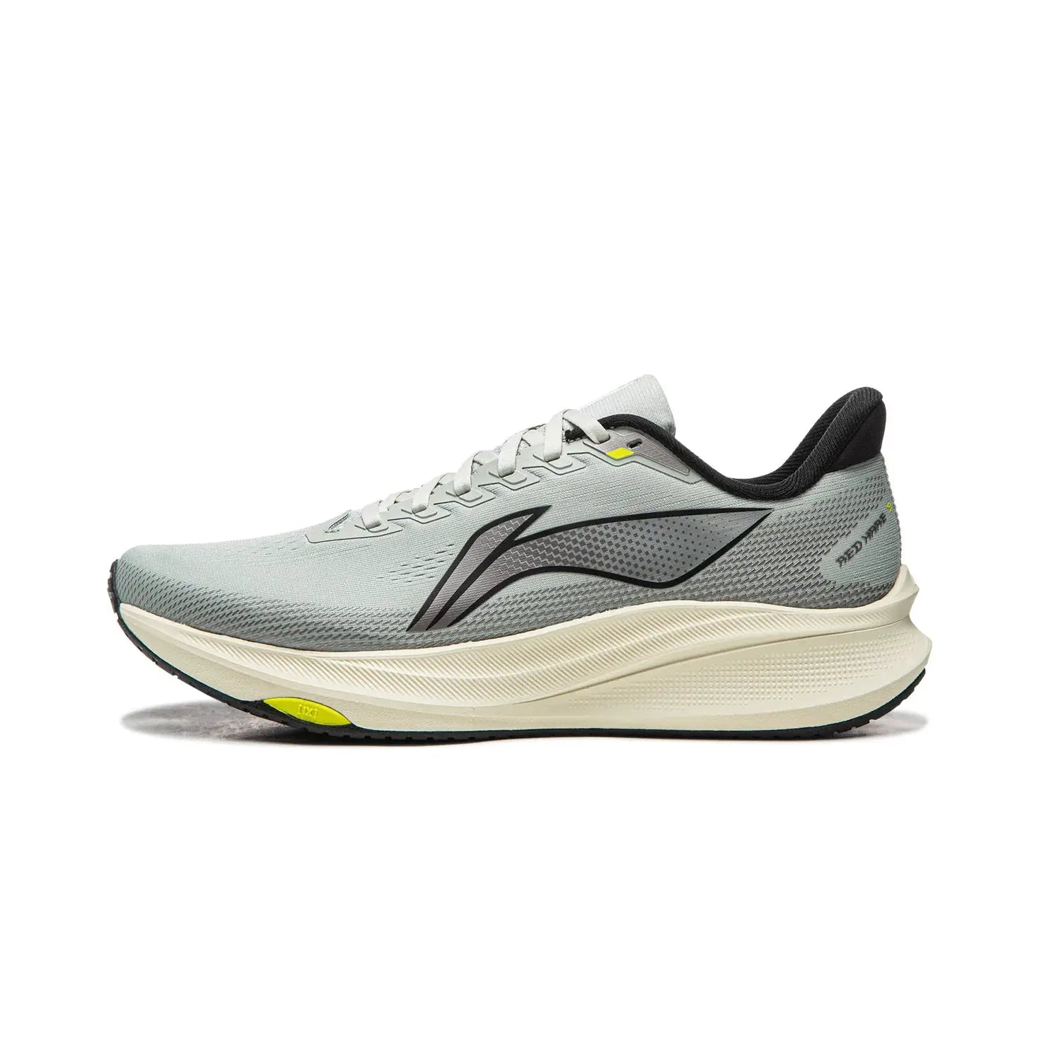 Li-Ning Red Hare 9 men's running shoes in light gray with black logo and yellow accents
