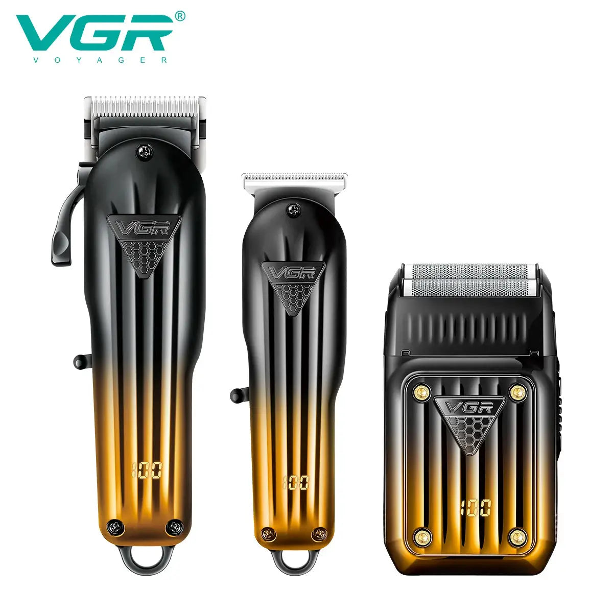 VGR gradient hair cutting 3-piece set with rechargeable electric shaver and clippers in black-to-gold finish