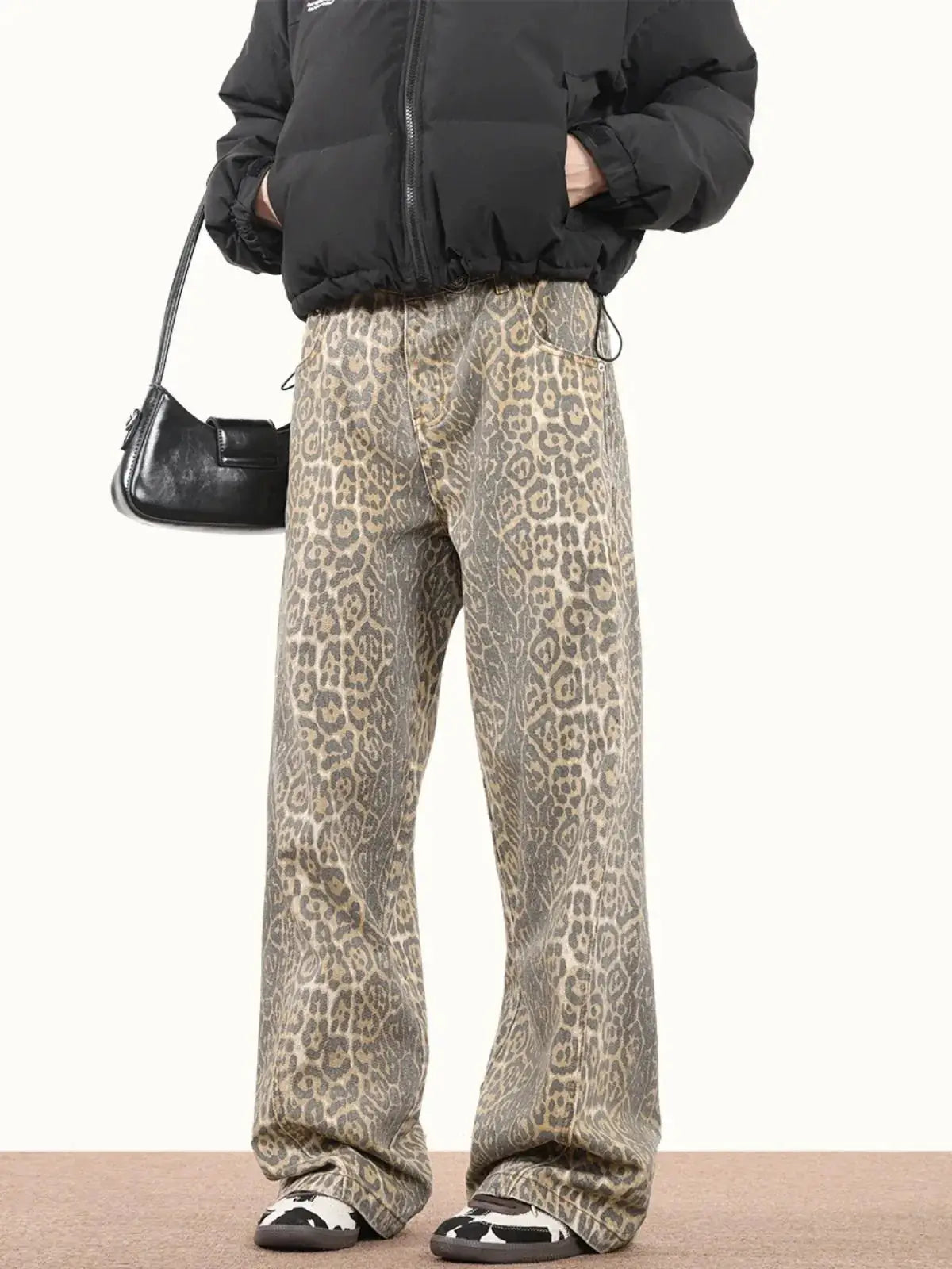 Baggy Wide Leg Jeans Women High Waisted Leopard Print Y2K Denim