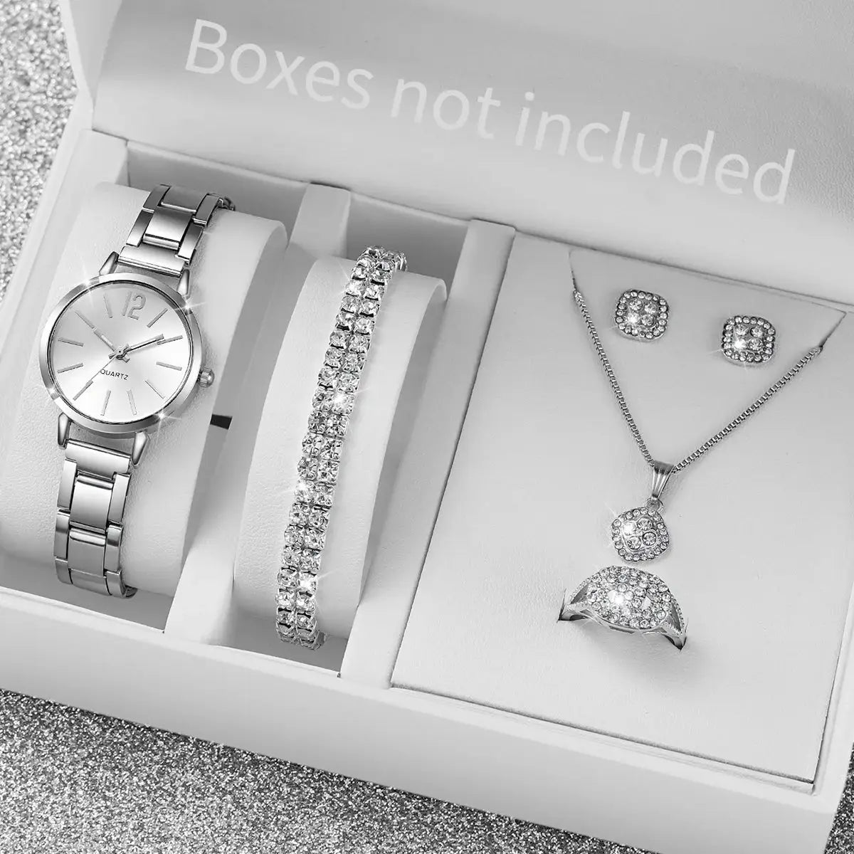 6pcs set: silver-tone quartz watch with stainless steel band, crystal bracelet, pendant necklace, earrings, and ring