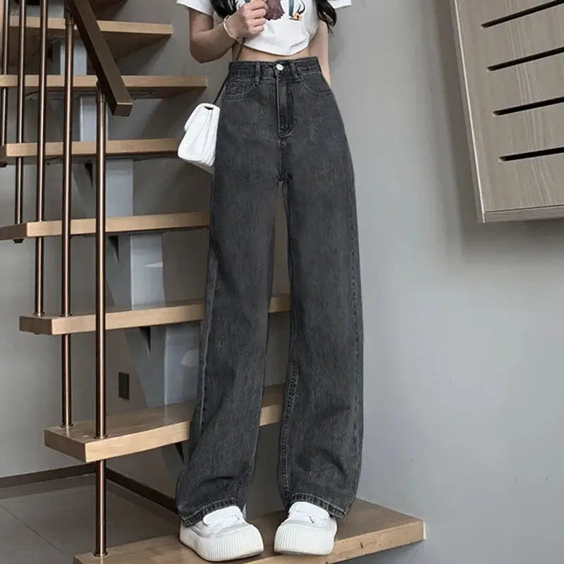 Womens Vintage Wide Leg Jeans High Waist Denim Pants Black Grey Blue