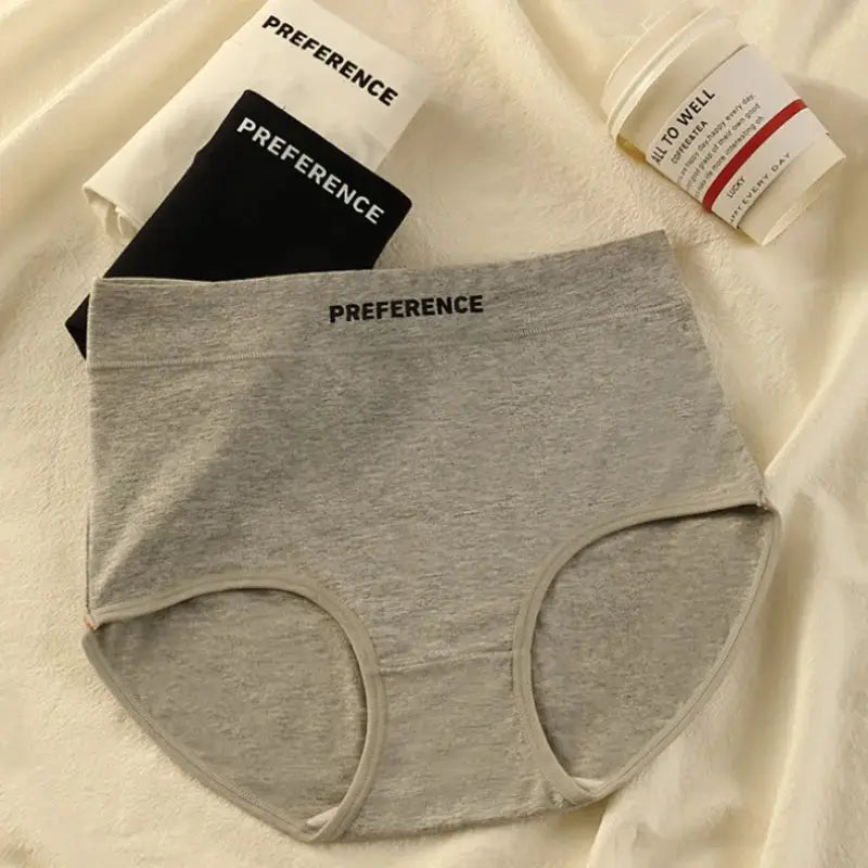 3-piece gray high-waist cotton panties set; breathable soft underwear with Preference branding