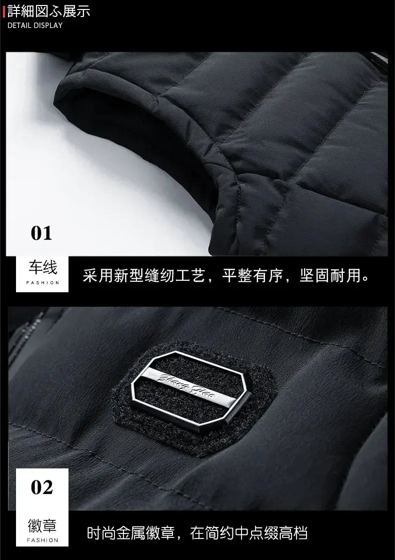 Simples Market men's hooded black cotton-padded sleeveless vest with front zipper and metal hex badge.