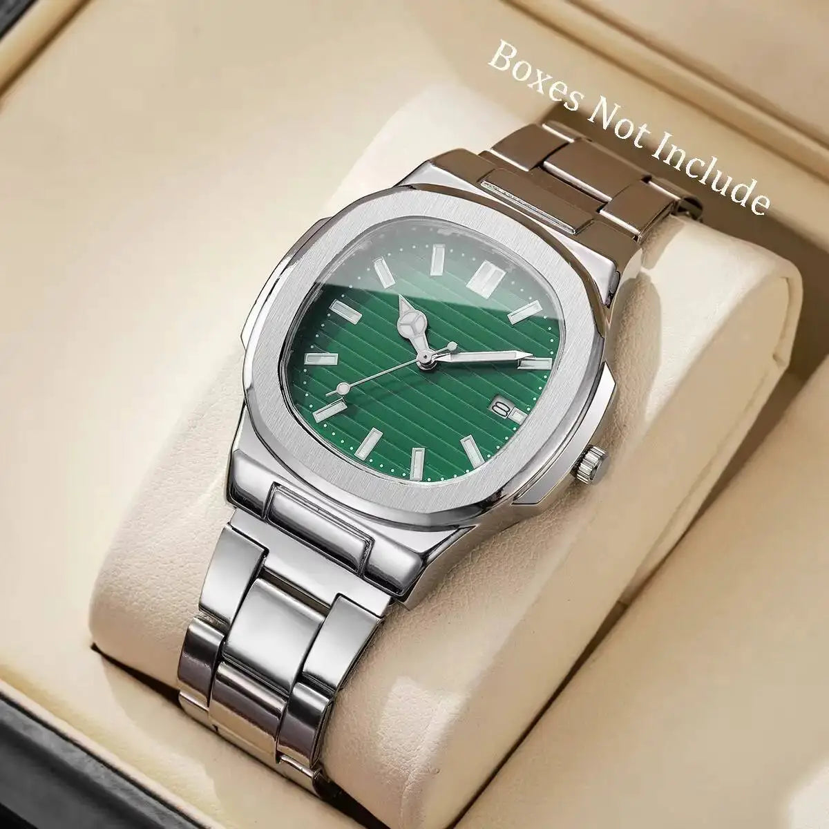 AuroraTime Luxury Square Dial Mens Business Watch Stainless Steel Strap Quartz Movement Calendar
