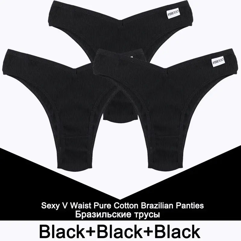 Finetoo 3pc black cotton thong panties for women; low-rise bikini briefs