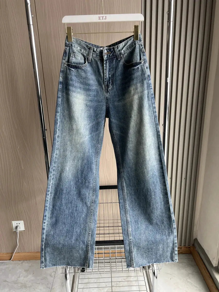 ETJ Wide Leg High Waist Jeans Women Five Pocket Washed And Comfortable