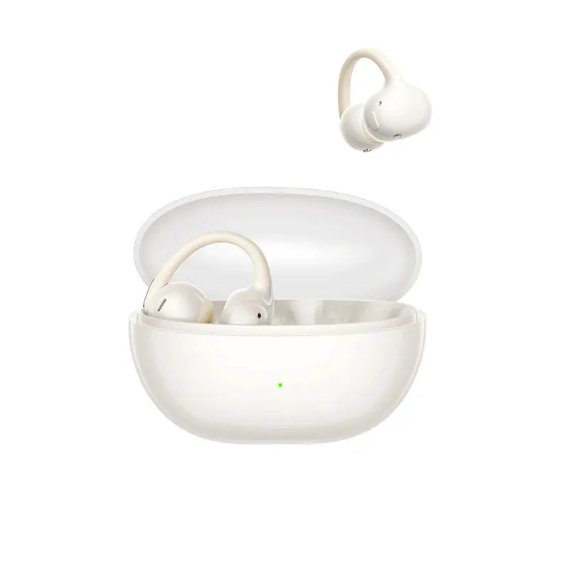 Baseus Bowie MC2 AIR clip-on TWS earbuds in white with charging case; two earbuds shown