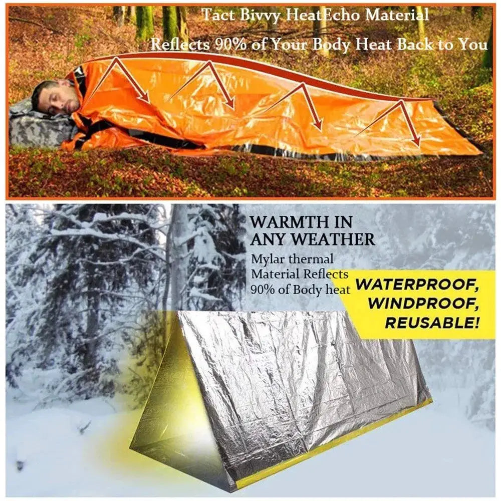 Emergency survival sleeping bag by Simples Market with reusable Mylar blanket; orange and silver, waterproof