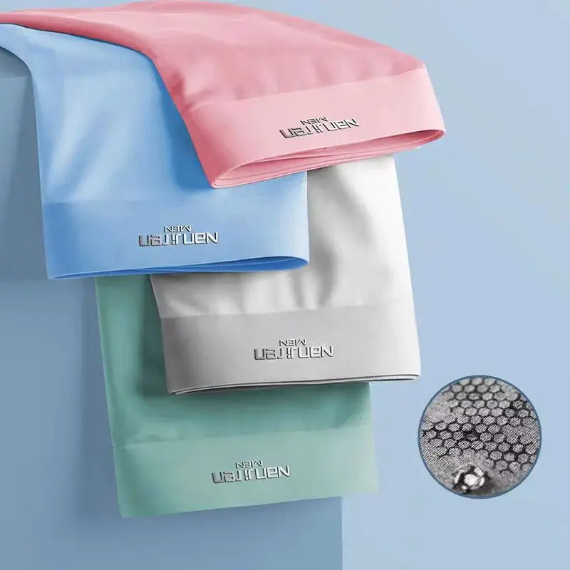 Men's ice-silk boxer shorts, 4-pack by Simples Market, breathable U-convex underpants in pastel colors.