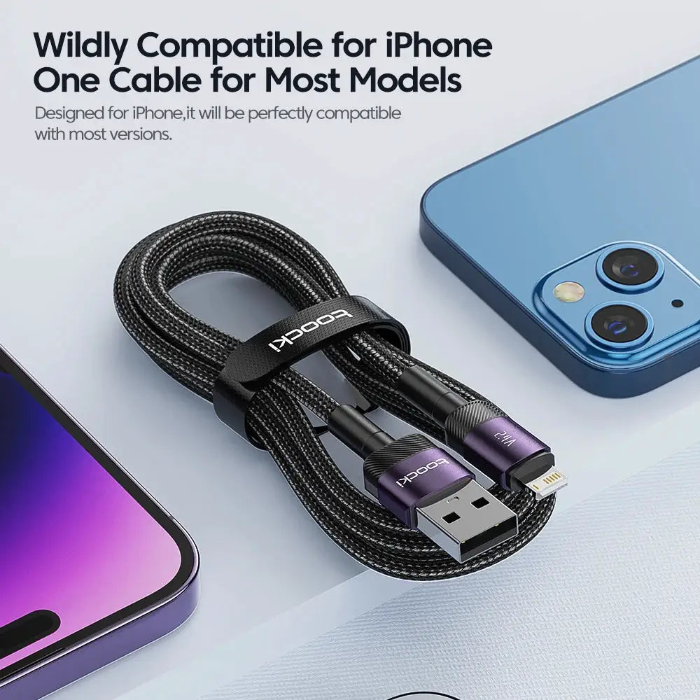 Toocki braided USB-A to Lightning charging cable with purple metal ends, two iPhones shown, iPhone compatible