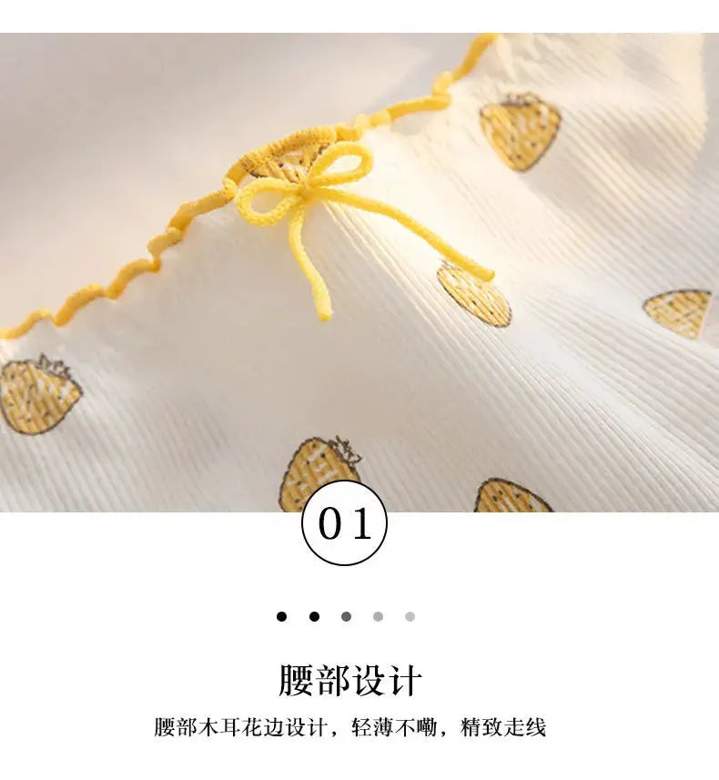 M-XL women's cotton underwear with mid-waist design, white fabric, yellow bow trim and heart print