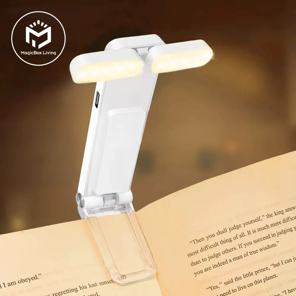 Reading light, USB-rechargeable clip-on bookmark light in white with dual LEDs; MagicBox Living logo visible.