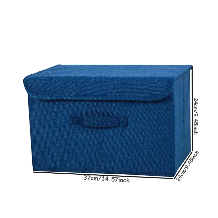 Blue cotton-linen foldable storage box with lid and handle for toys and laundry
