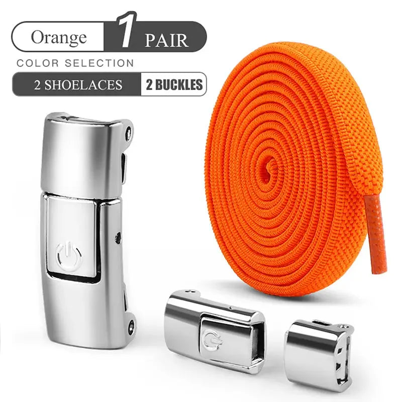 No-tie elastic shoelace set by Simples Market with press-lock buckles, orange (1 pair) for sneakers
