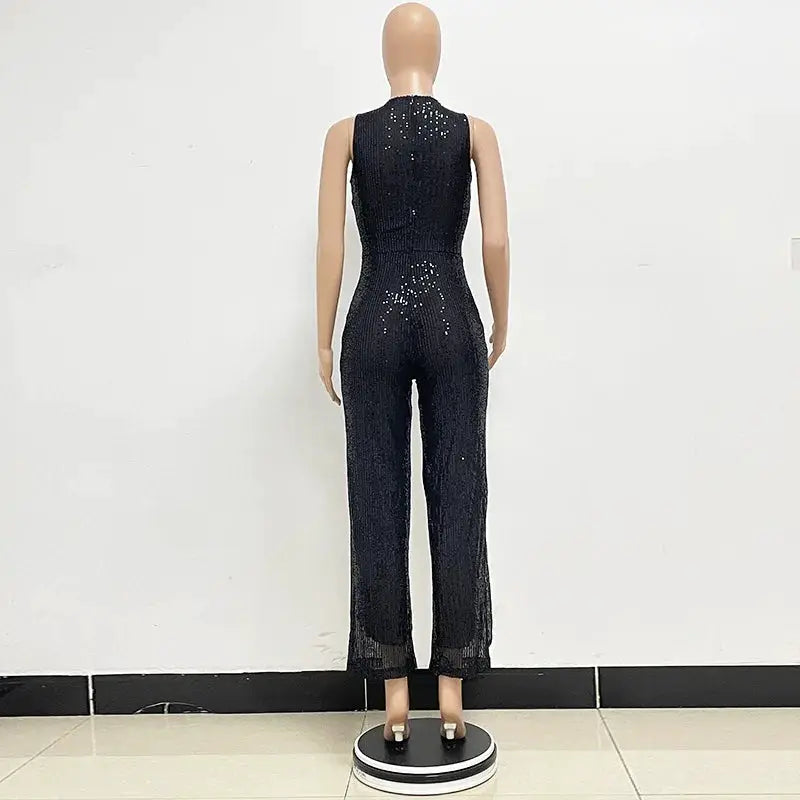 Jumpsuit Simples Market black sequined sleeveless, high-waist, fitted glamorous party outfit