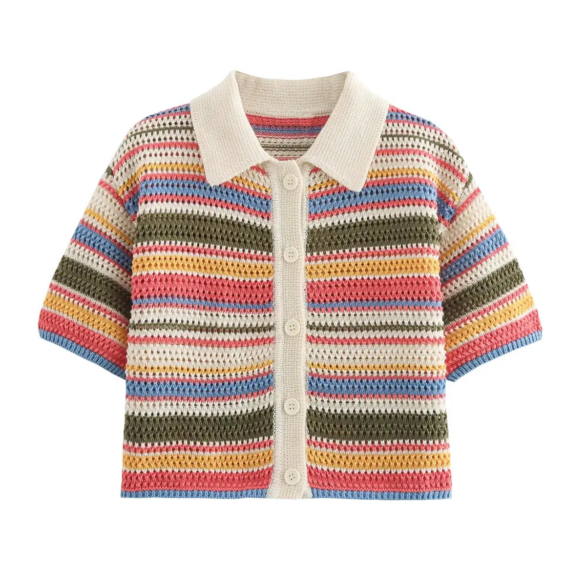 Women Patchwork Striped Crochet Knit Set Polo Collar Shorts Y2K Style