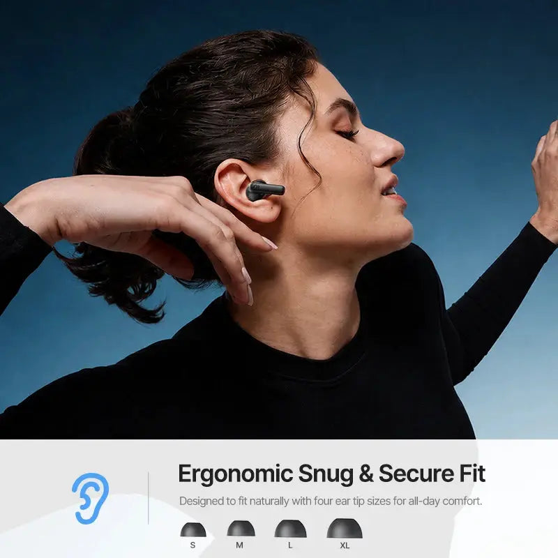 Baseus Bass EP10 Ultra wireless earbuds in black, shown with ergonomic snug & secure fit and four ear tip sizes