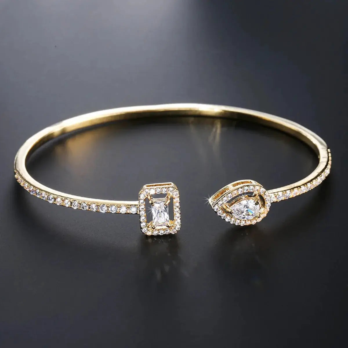 Luxury Geometry Gold Color Cuff Bangles For Women With Cubic Zirconia Accents Bracelet Jewelry