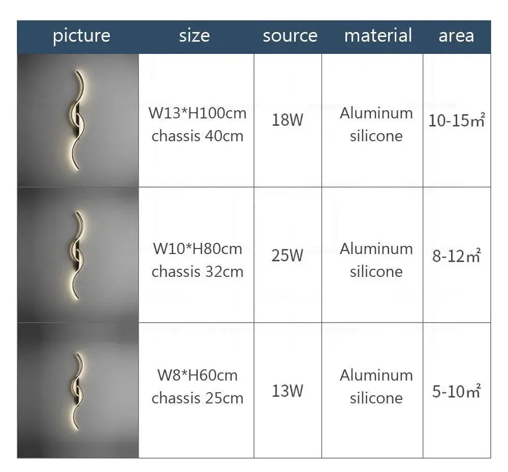 Simples Market modern LED wall lamp with minimalist curved strip; three size options, aluminum silicone
