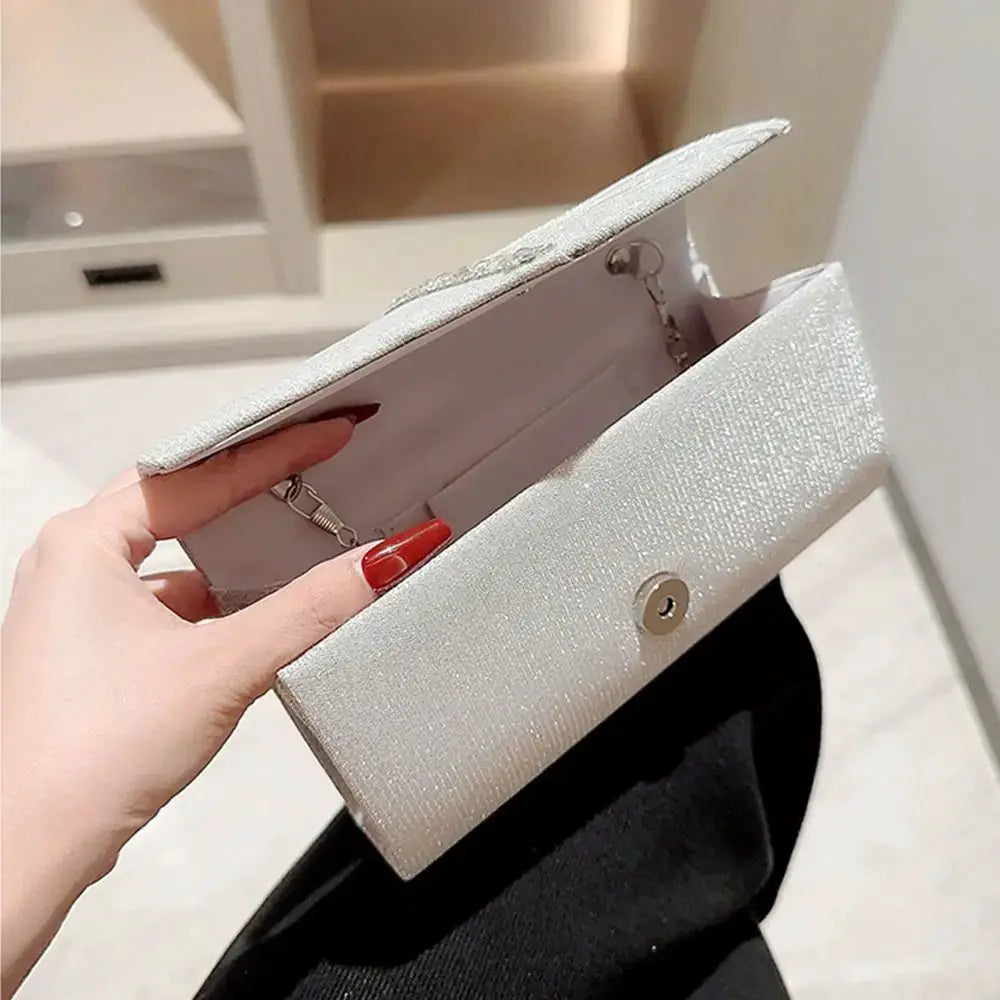 Sequin clutch bag with chain strap; pearl-white glitter evening bag for weddings and parties