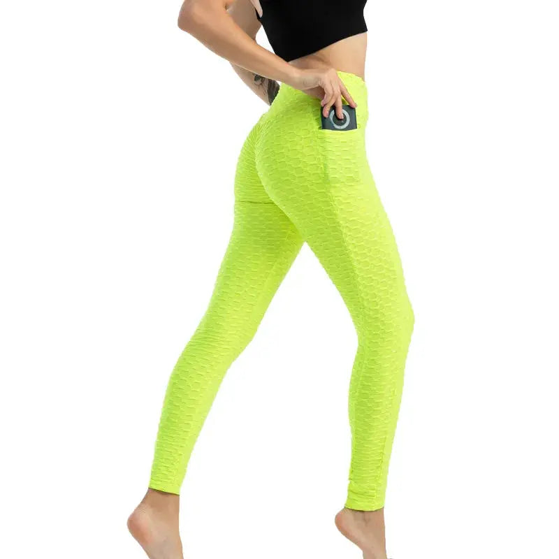 Women's neon lime bubble-pocket leggings by Simples Market, high-waist, stretchy athletic pants