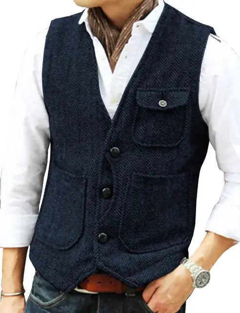 Men's navy herringbone wool tweed vest with v-neck, single-breasted and multiple pockets