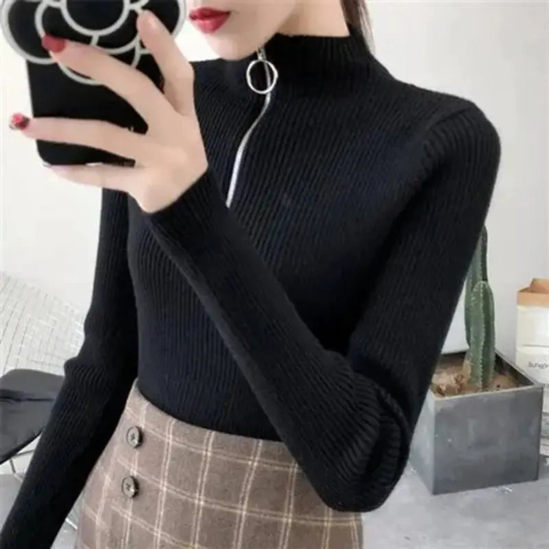 TrendWeave Zipper Half High Neck Knit Sweater Pullover For Women Autumn Winter Slim Solid Knitwear