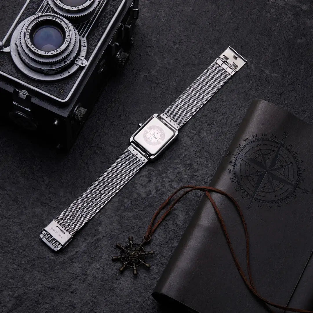 OGEDA waterproof couple watches with stainless steel mesh band and square dial, quartz movement.