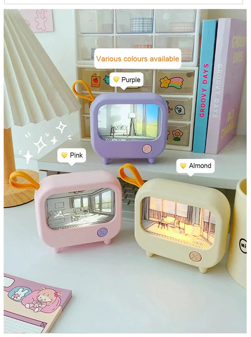 LED TV Painting Night Light set of 3 pastel retro TVs in pink, purple and almond for kids' desk decor