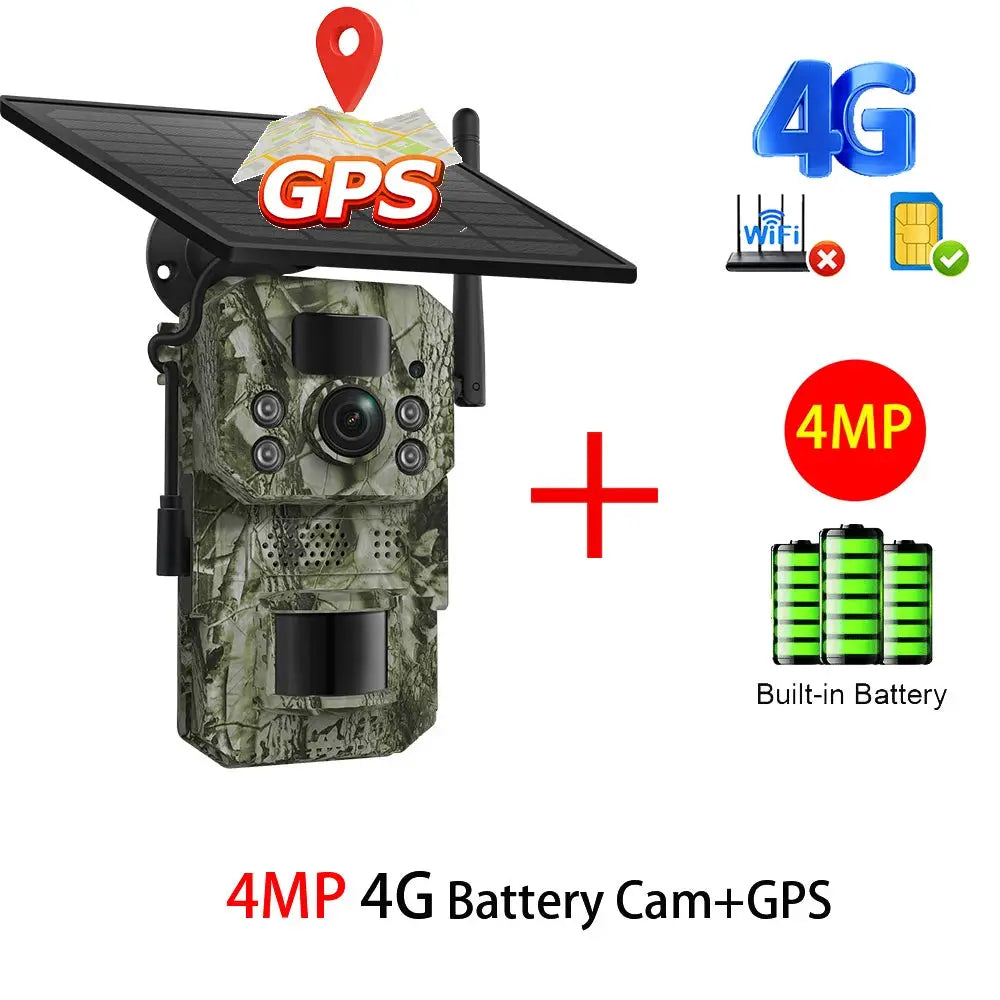 Camouflaged trail camera with solar panel, built-in battery, 4G GPS, 4MP night vision.
