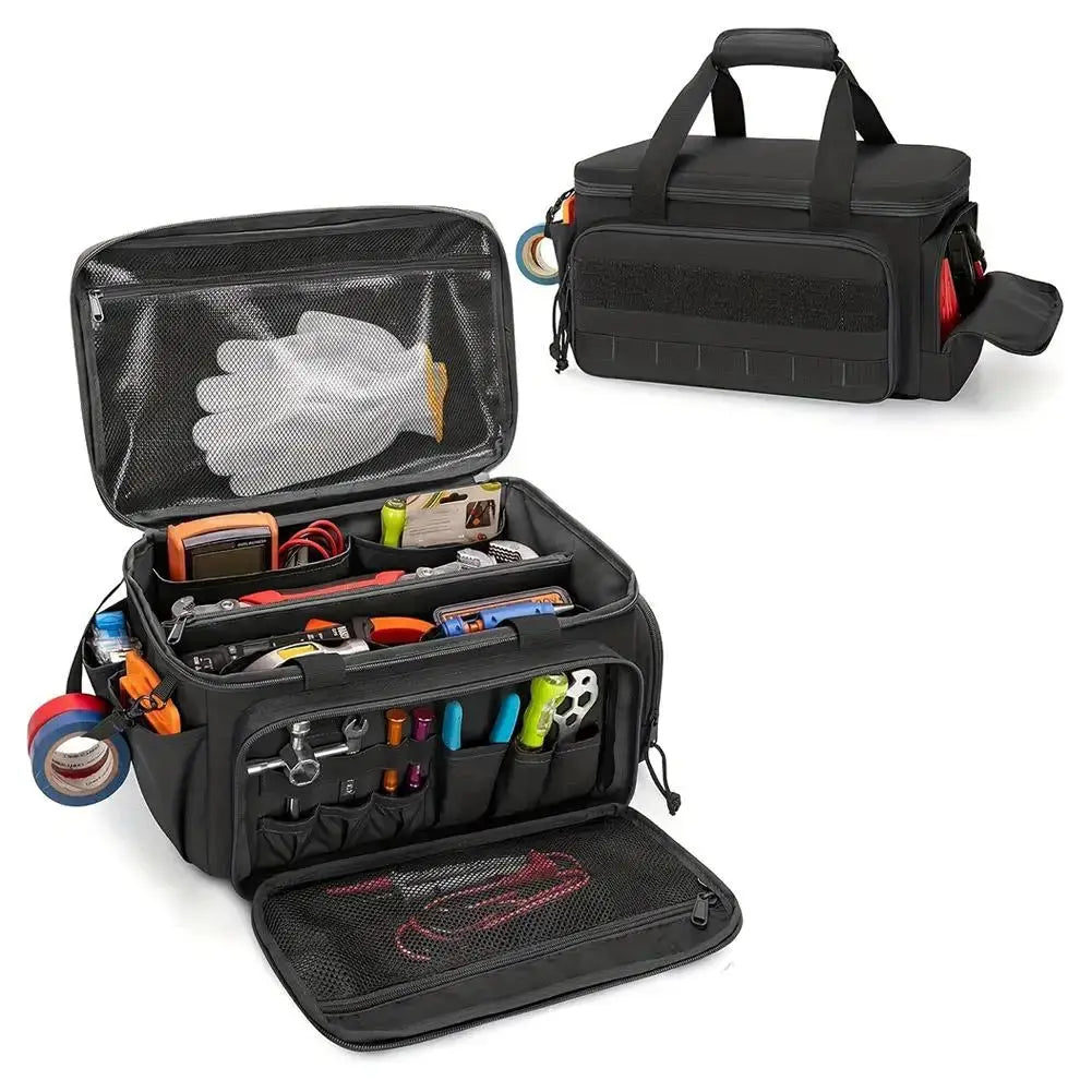 Black high-capacity tool storage bag with padded base and comfortable carrying handle; water-resistant.