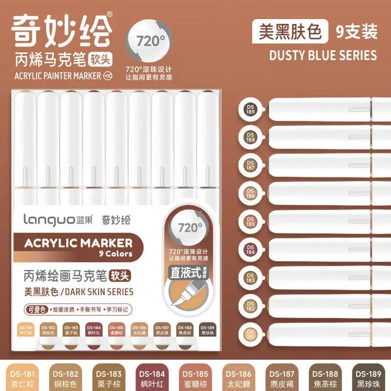 Acrylic marker set by Simples Market, 9-color with soft brush tips for notebooks and art